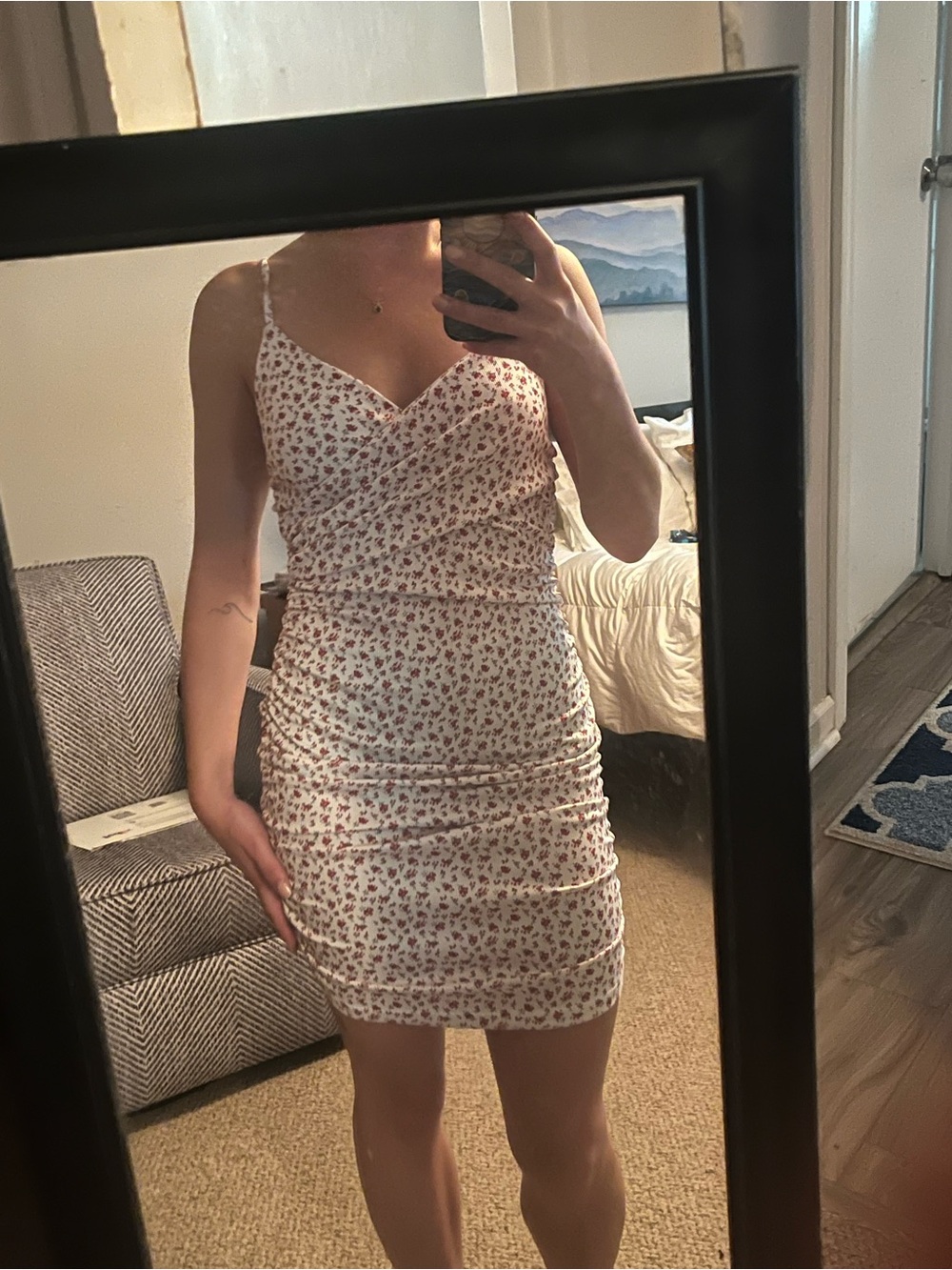 Floral Print Spaghetti Strap Mini Dress - White with Red Floral